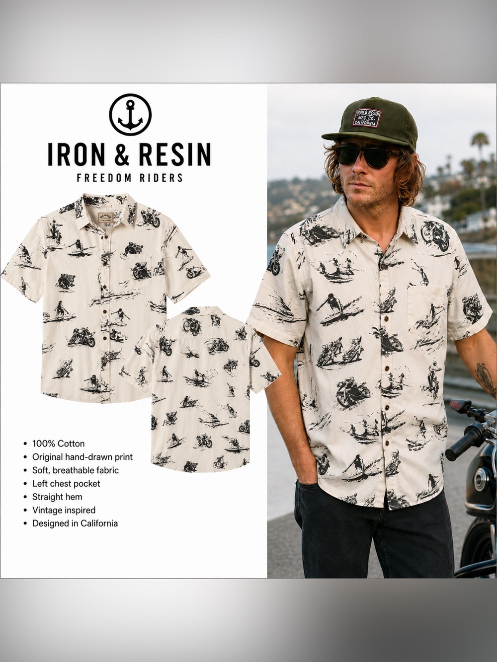 Iron & Resin Freedom Riders Short Sleeve Button-Down Shirt Motorcycle Surfer